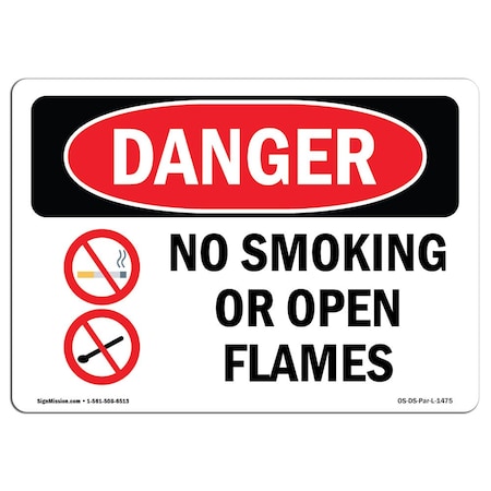 OSHA Danger Sign, No Smoking Or Open Flames, 24in X 18in Rigid Plastic